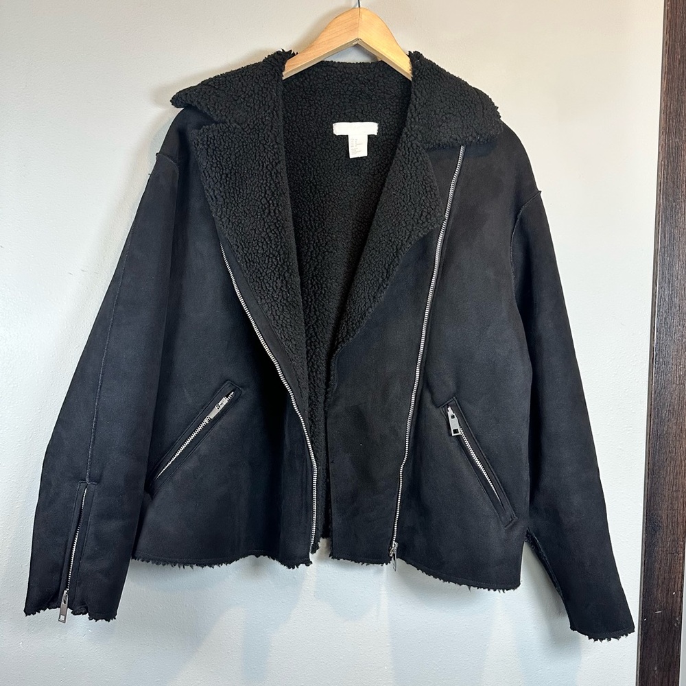 H&M Women's Black Shearling Sherpa Asymmetrical Zipper Jacket Aviator Biker